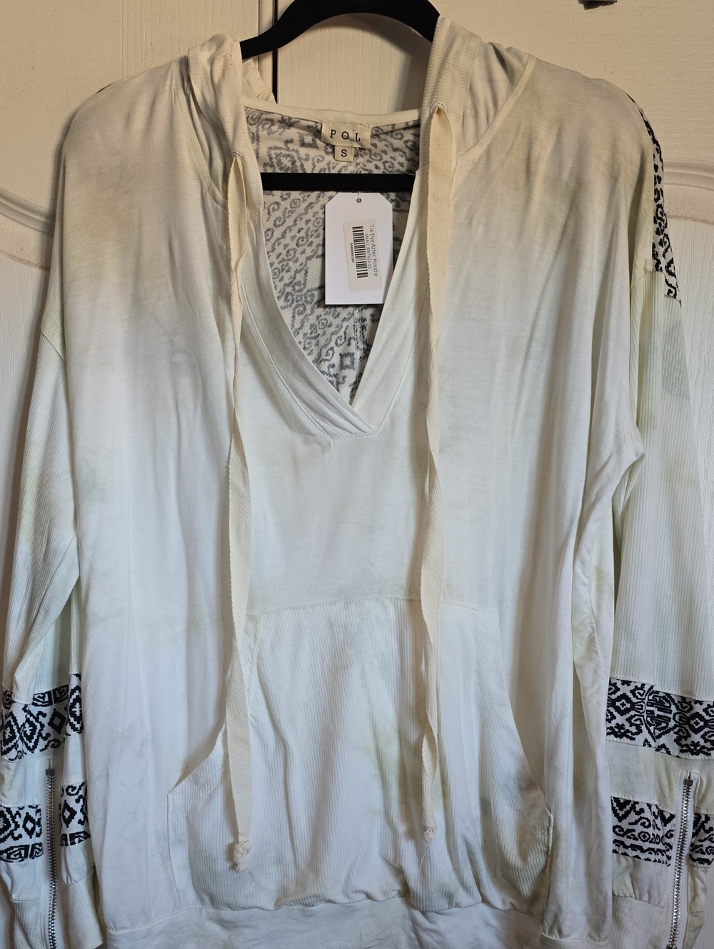 POL Cream V-Neck Hooded Pullover with Black Patterned Sleeve Trim